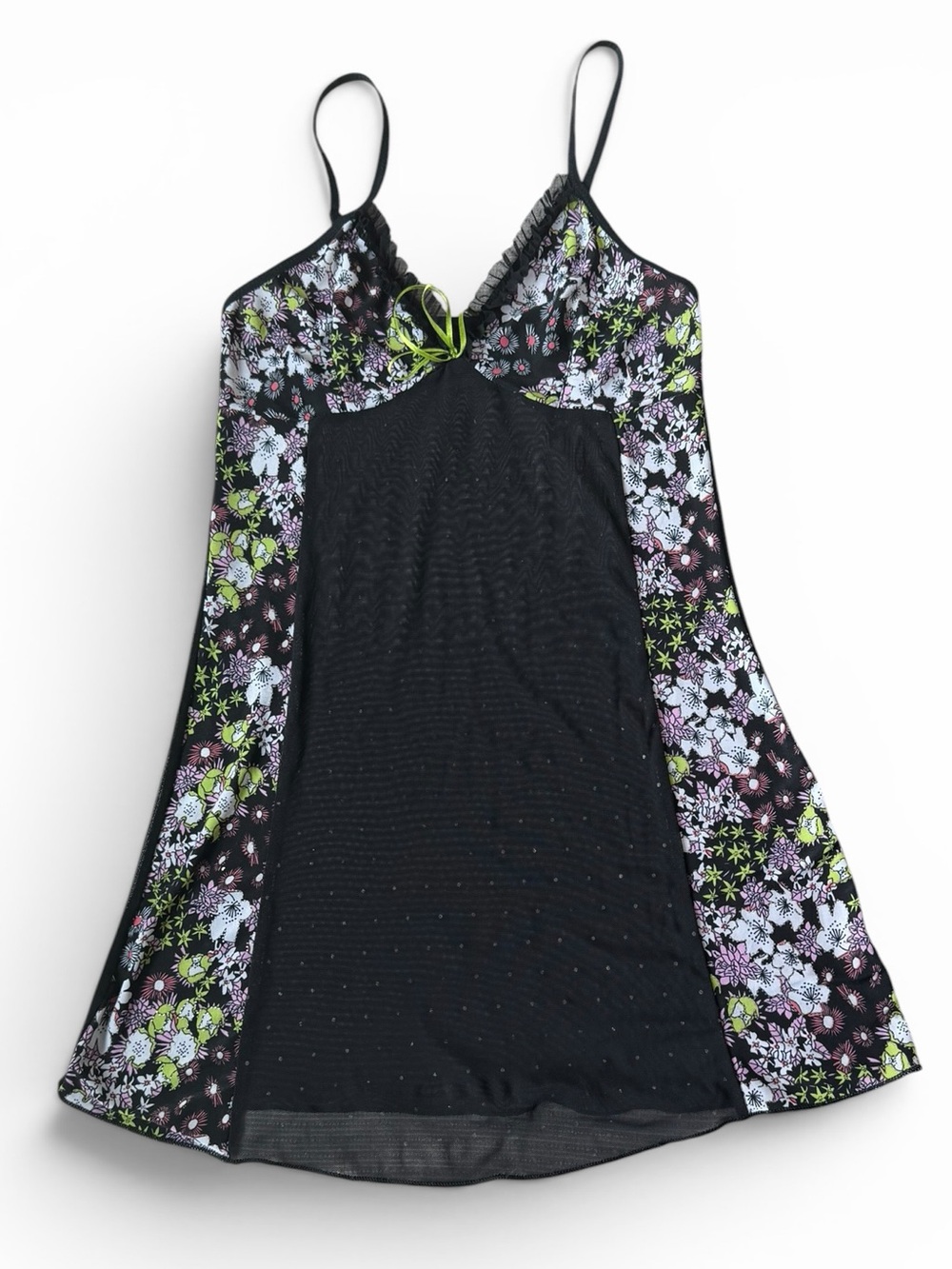 Black Floral Slip Dress with Lime Accents